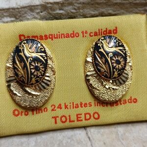 Vintage 24k Gold Plated Toledo Damascene Clip on Earrings